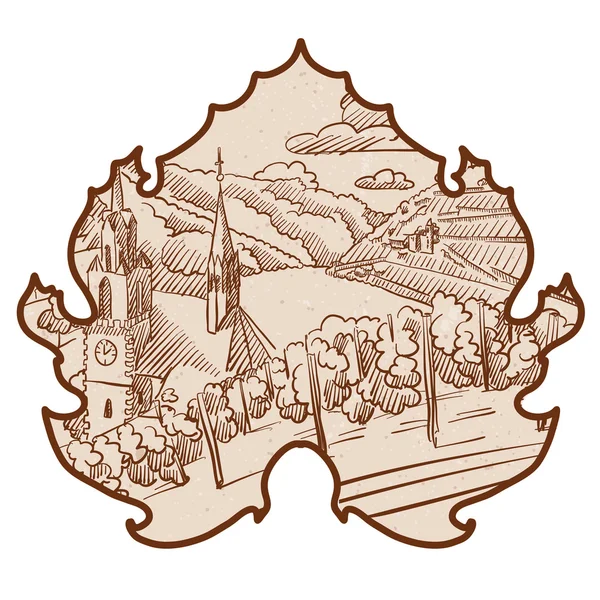 Урожай німецький виноградник краєвид ескіз у вино лист — стоковий вектор