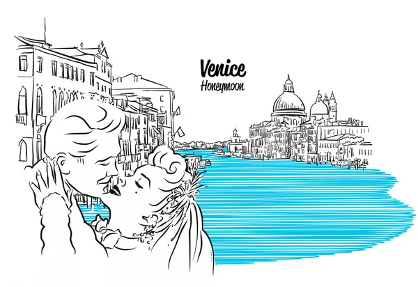 威尼斯天际线与接吻老式夫妇素描 — 图库矢量图片