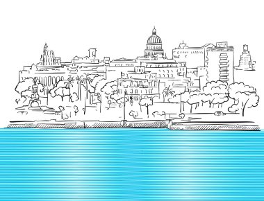 Havana Küba Panorama renkli deniz kroki ile
