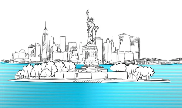 Freiheitsstatue mit New Yorker Skyline-Skizze — Stockvektor