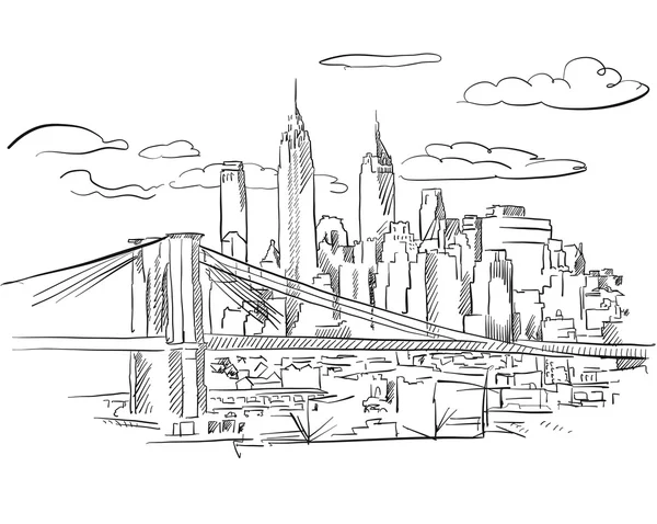 Dibujo detallado de Manhattan y Brooklyn Bridge — Vector de stock