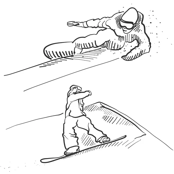 Två snowboardåkare hoppning situationen skisser — Stock vektor