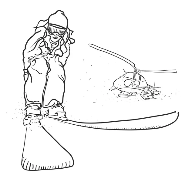 스키와 헬기 스케치 낙서 — 스톡 벡터