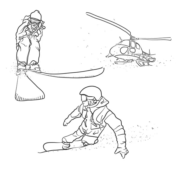 Esquí, snowboard y helicóptero Doodle Sketches — Archivo Imágenes Vectoriales