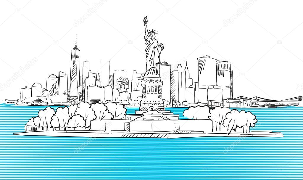 Liberty Statue with New York City Skyline Sketch