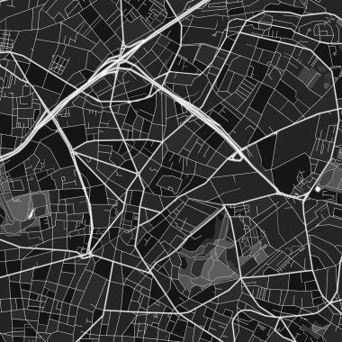 Montreuil 'in karanlık vektör sanat haritası, Seine-Saint-Denis, Fransa kırsal ve kentsel alanlar için ince gri renkler. Montreuil haritasındaki grinin farklı tonları belirli bir şablona uymuyor.