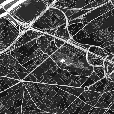 Nanterre, Hauts-de-Seine, Fransa 'nın şehir ve kırsal bölgeleri için ince gri renkleri olan karanlık vektör sanat haritası. Nanterre haritasındaki grinin farklı tonları belirli bir deseni izlemez..