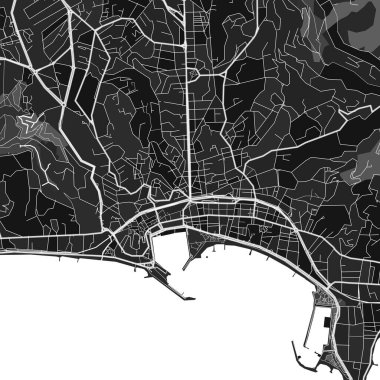 Cannes, Alpes-Maritimes 'ın karanlık vektör sanat haritası, kırsal ve kentsel alanlar için ince grilikleri olan Fransa. Cannes haritasındaki grinin farklı tonları belirli bir şablona uymuyor.