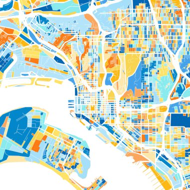 SanDiego, California 'nın renkli sanat haritası, mavi ve portakallı Birleşik Devletler. SanDiego haritasındaki renk bozulmaları rastgele bir desen takip ediyor.