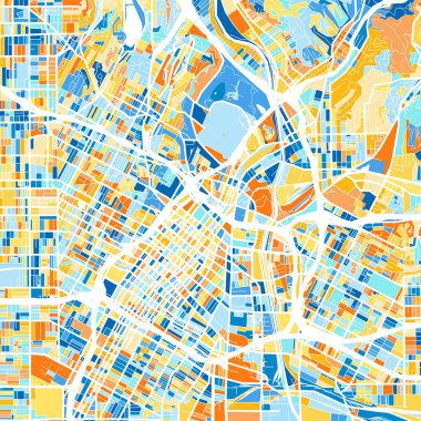 LosAngeles, California 'nın renkli sanat haritası, mavi ve portakallı Birleşik Devletler. LosAngeles haritasındaki renk bozulmaları rastgele bir desen takip ediyor.