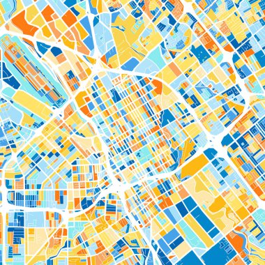 SanJose, California 'nın renkli sanat haritası, mavi ve portakallı Birleşik Devletler. SanJose haritasındaki renk derecelendirmeleri rastgele bir desen izler.