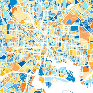 Baltimore, Maryland, Birleşik Devletler 'in mavi ve portakallı renkli sanat haritaları. Baltimore haritasındaki renk bozulmaları rastgele bir desen izliyor..