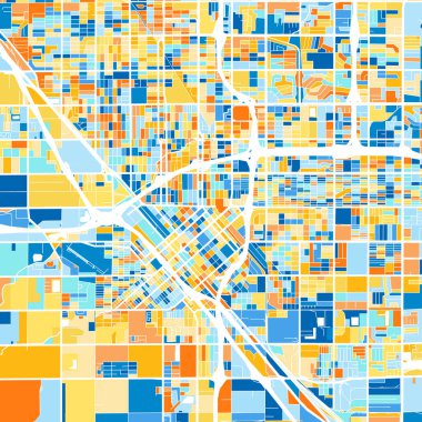 Fresno, California 'nın renkli sanat haritası, mavi ve portakallı Birleşik Devletler. Fresno haritasındaki renk bozulmaları rastgele bir desen izler.