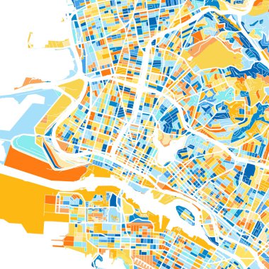 Oakland, California 'nın renkli sanat haritası mavi ve portakallı Birleşik Devletler. Oakland haritasındaki renk bozulmaları rastgele bir desen takip ediyor.