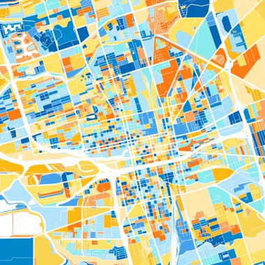Stockton, California 'nın renkli sanat haritası, mavi ve portakallı Birleşik Devletler. Stockton haritasındaki renk grafikleri rastgele bir desen izler.