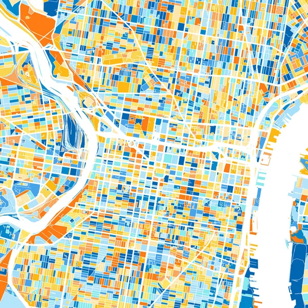 Barevná Umělecká Mapa Filadelfie Pensylvánie Spojené Státy Modrých Pomerančích Odstupňování — Stockový vektor