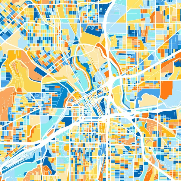 德克萨斯州福沃斯市 美国蓝色和橘色的彩色艺术地图 Fortworth地图中的颜色分级遵循一种随机模式 — 图库矢量图片