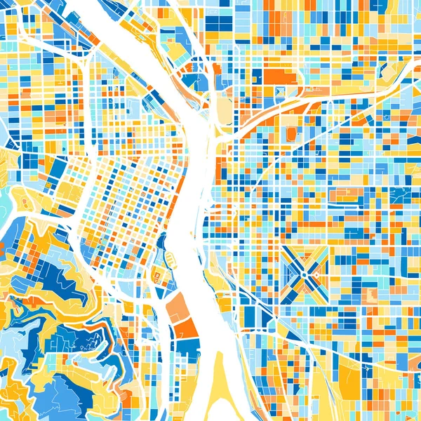 Barevná Umělecká Mapa Portlandu Oregonu Spojených Států Blues Pomerančích Odstupňování — Stockový vektor