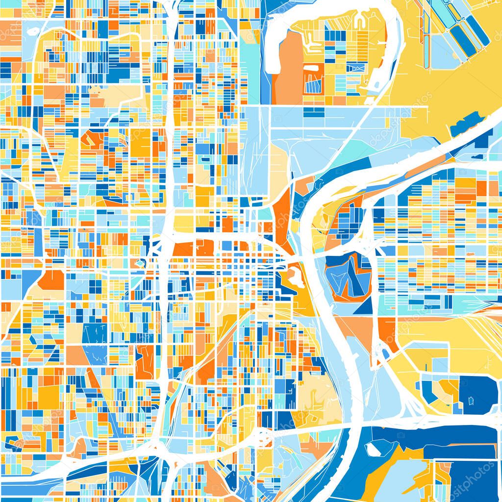 Color art map of  Omaha, Nebraska, UnitedStates in blues and oranges. The color gradations in Omaha   map follow a random pattern.