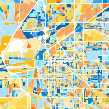 Lincoln, Nebraska 'nın renkli sanat haritası, mavi ve portakallı Birleşik Devletler. Lincoln haritasındaki renk bozulmaları rastgele bir desen takip ediyor.