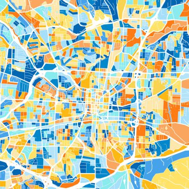 Greensboro, Kuzey Carolina 'nın renkli sanat haritası mavi ve portakallı Birleşik Devletler. Greensboro haritasındaki renk derecelendirmeleri rastgele bir desen izler.