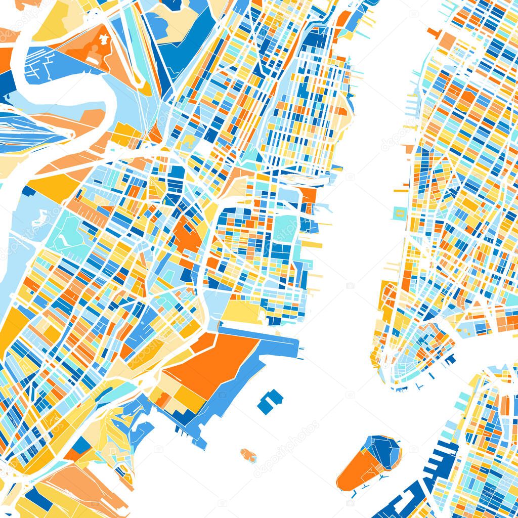 Color art map of  JerseyCity, New Jersey, UnitedStates in blues and oranges. The color gradations in JerseyCity   map follow a random pattern.