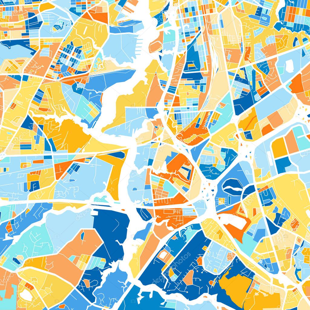 Color art map of  Chesapeake, Virginia, UnitedStates in blues and oranges. The color gradations in Chesapeake   map follow a random pattern.