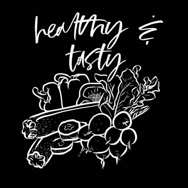 Duvar sanatı ve tişört baskıları için siyah üzerine sağlıklı ve lezzetli harfler.