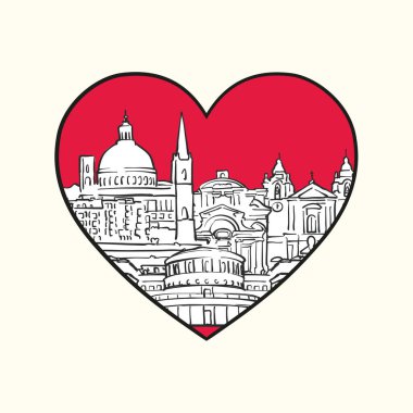 Valletta 'yı seviyorum. Kırmızı kalp ve ünlü binalar, Malta Kompozisyonu. Elle çizilmiş siyah-beyaz vektör çizimi. Gruplu ve taşınabilir nesneler.