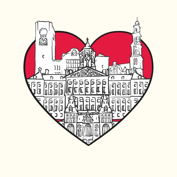 Люблю Амстердам Червоне Серце Знамениті Будівлі Голландська Композиція Намальована Вручну — стоковий вектор