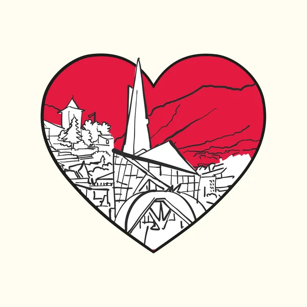 Adore Andorre Vieille Coeur Rouge Bâtiments Célèbres Andorre Composition Illustration — Image vectorielle