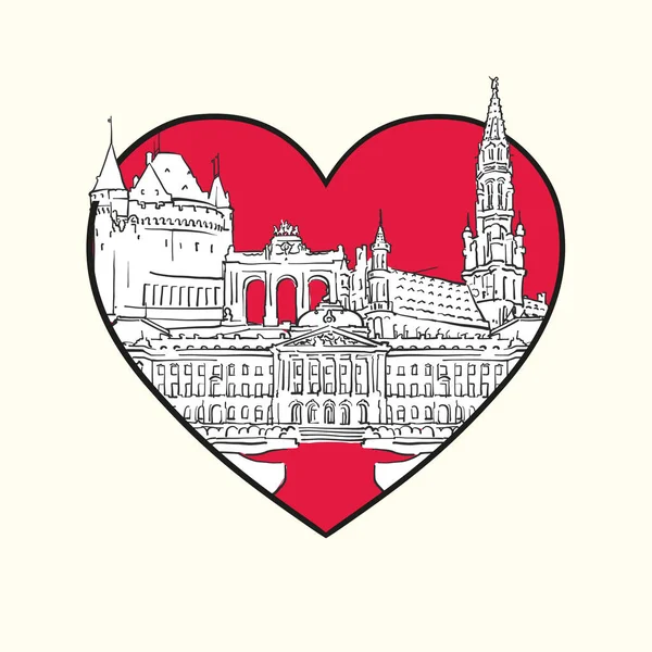 Люблю Брюссель Червоне Серце Знамениті Будівлі Бельгія Композиція Намальована Вручну — стоковий вектор