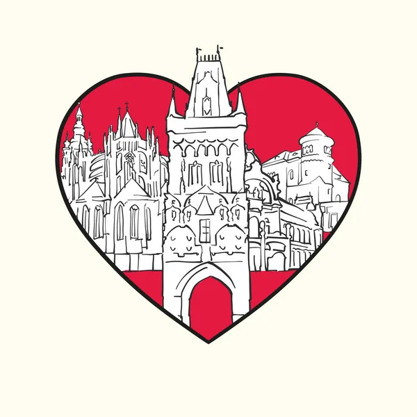 Люблю Прагу Червоне Серце Знамениті Будівлі Чеська Республіка Композиція Намальована — стоковий вектор