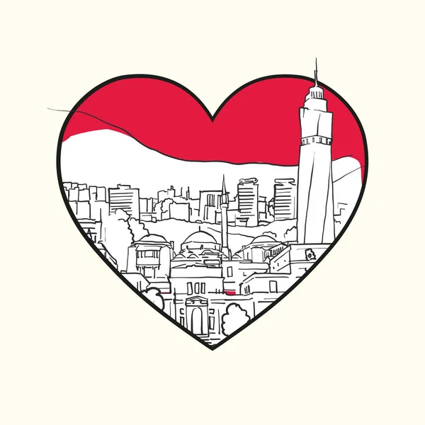 Люблю Сараєво Червоне Серце Знамениті Будівлі Боснія Герцеговина Композиція Намальована — стоковий вектор