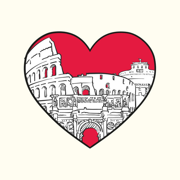 Я люблю Рим. Красное сердце и знаменитые здания, Италия Композиция. Ручная черно-белая векторная иллюстрация. Групповые и подвижные объекты.