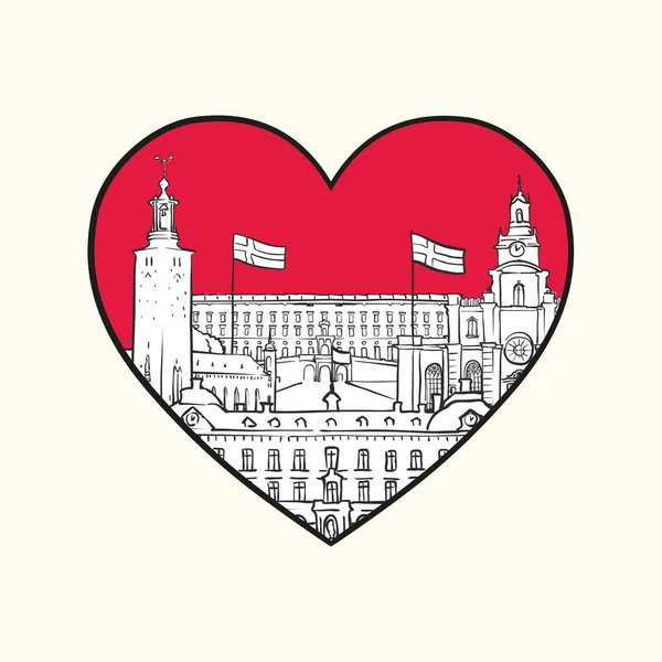 Люблю Стокгольм Червоне Серце Знамениті Будівлі Шведська Композиція Намальована Вручну — стоковий вектор
