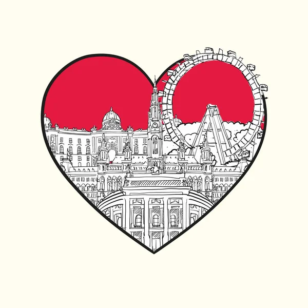 Люблю Відень Червоне Серце Знамениті Будівлі Австрійська Композиція Намальована Вручну — стоковий вектор