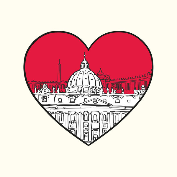 Я люблю Ватикан. Красное сердце и знаменитые здания, композиция Святого Престола. Ручная черно-белая векторная иллюстрация. Групповые и подвижные объекты.