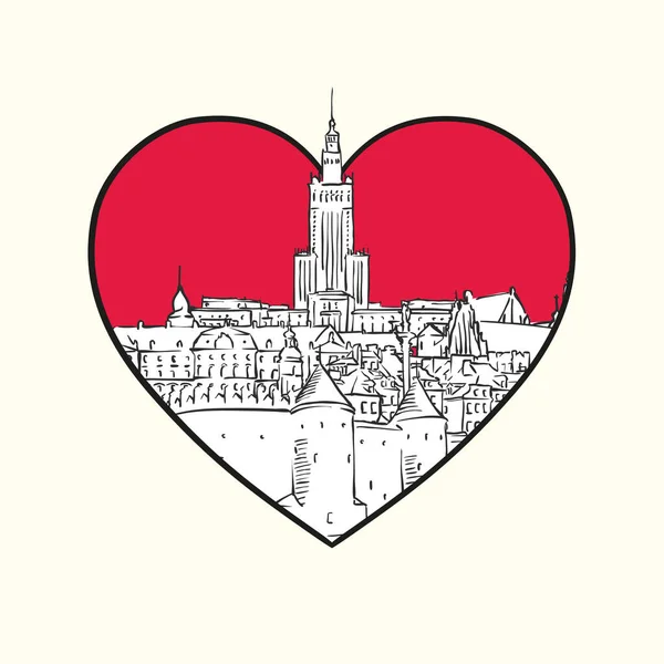 Люблю Варшаву Червоне Серце Знамениті Будівлі Польща Композиція Намальована Вручну — стоковий вектор