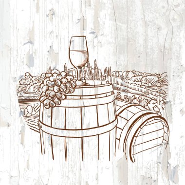 Vintage arka planda üzüm ve şarap kadehi. Elle çizilmiş Vektör çizimi.