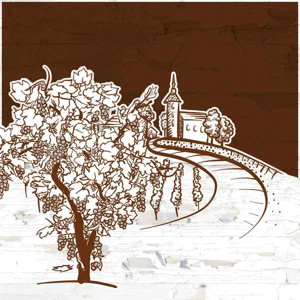 ヴィンテージブドウ畑の風景画 手描きベクトルスケッチ — ストックベクタ