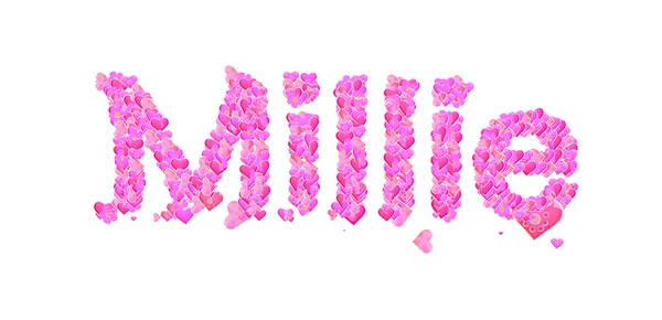 Millie female name set with hearts type design — Stock Photo, Image