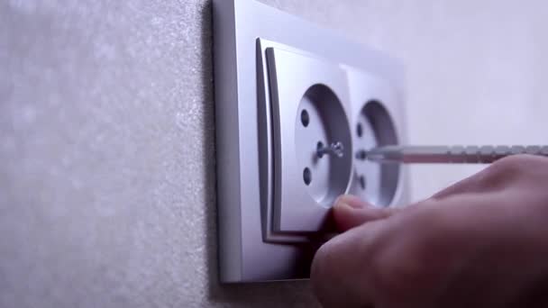 Electrician Installs Socket Wall Screwdriver Close — Wideo stockowe