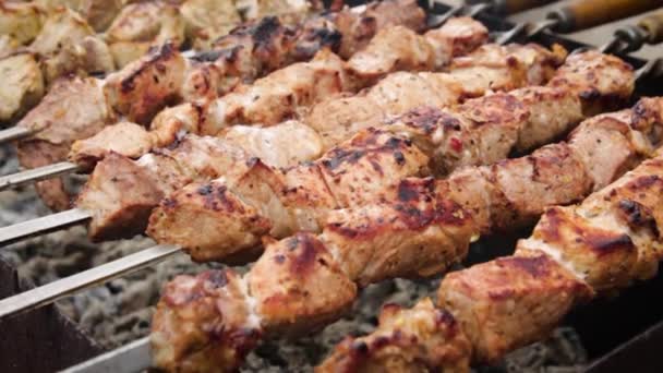 Parrilla Carne Barbacoa Carbón Madera Proceso Cocción Carne Asada Pinchos — Vídeos de Stock