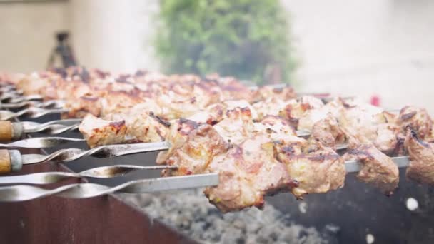 Гриль Мясо Барбекю Древесном Угле Процесс Приготовления Жареного Мяса Шашлыках — стоковое видео