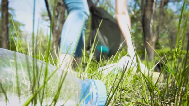 Genç Bir Kadın Ormanda Plastik Topluyor Parkta Siyah Çöp Torbası — Stok video