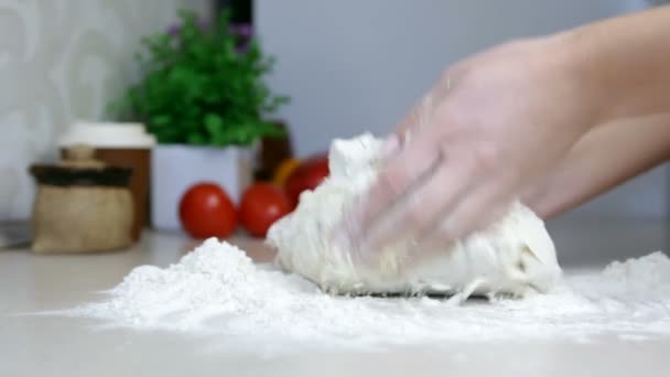 Mains Féminines Faisant Pâte Pour Pizza Pain Dans Cuisine Femme — Video