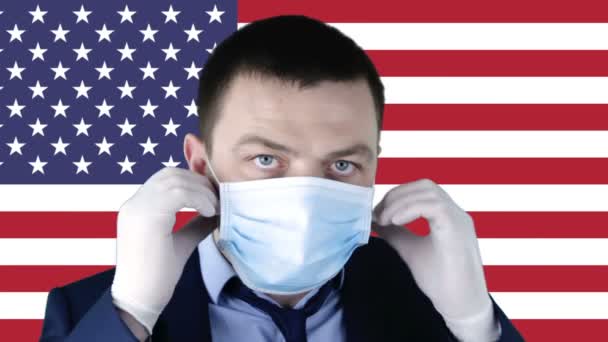Man Medical Protective Mask Background Flag United States America Coronavirus — Stock Video