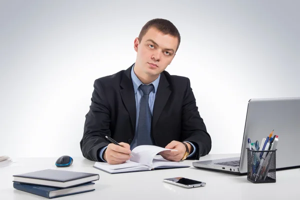 Üzletember, iratok és laptop Stock Fotó