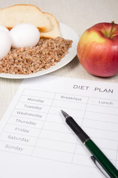 Diet plan with buckwheat,bread,eggs,apple